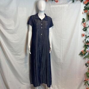 V Neck Denim Midi Summer Buttons Short Sleeve‎ Shirt Sundress Size M
